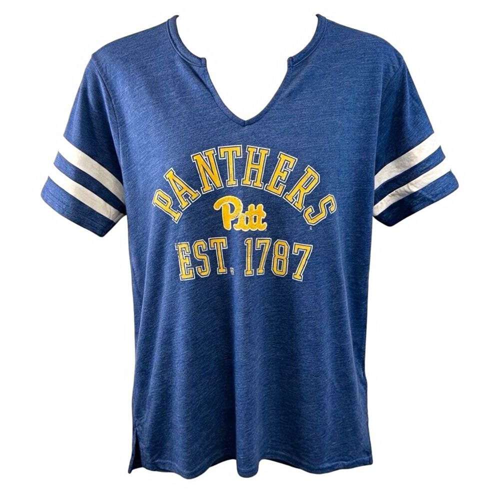 Pitt Panthers Women’s L Blue Gold V-Neck Varsity Stripe Graphic T-Shirt NWT